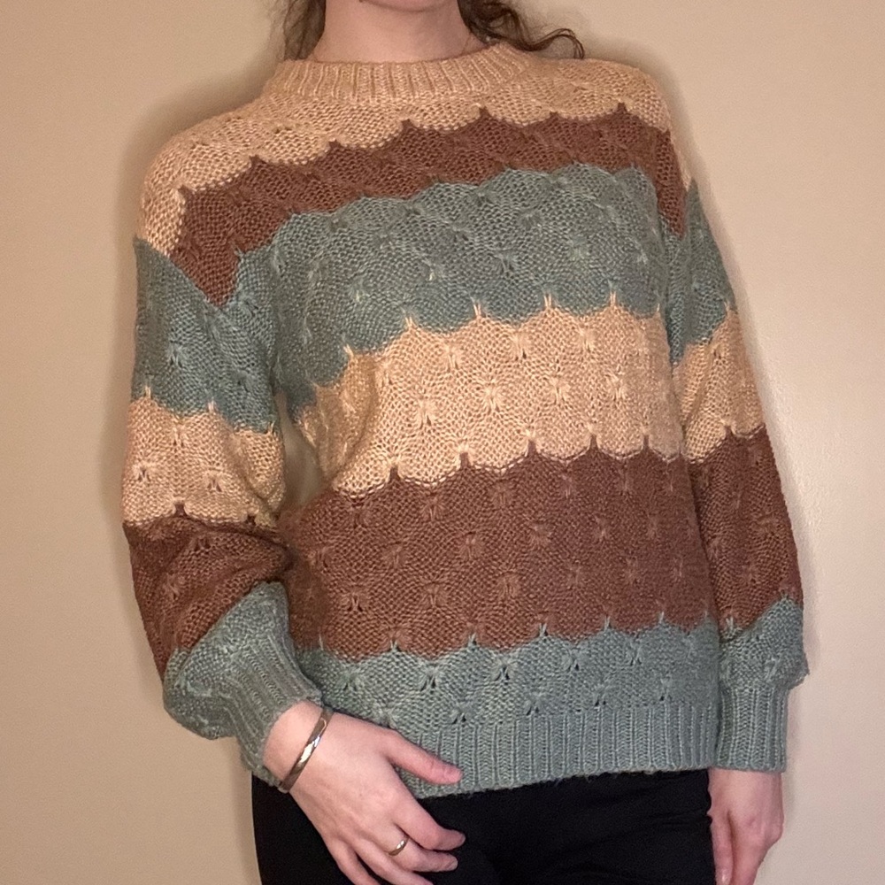 Bécool Beige Brown Blue Colorblock Striped Knit Pullover Sweater S/M Crew Neck